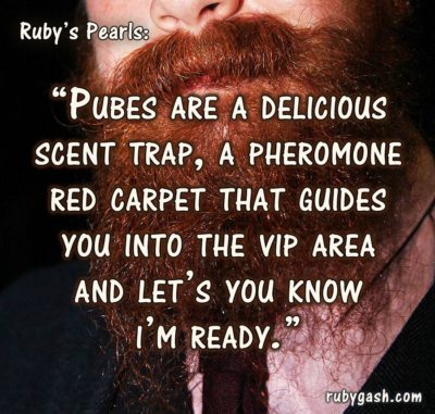 Pubes are a delicious scent trap, a pheromone red carpet that guides you into the VIP area and let’s you know I’m ready